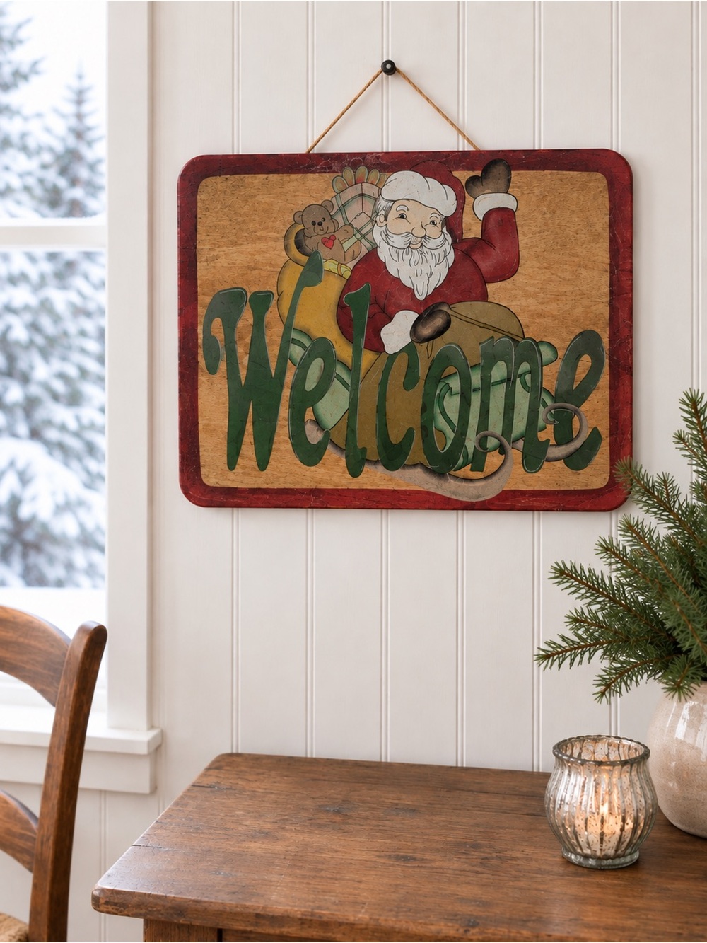 Vintage Shine Co. Santa Welcome Sign Hand Painted Wood 13" x 10"